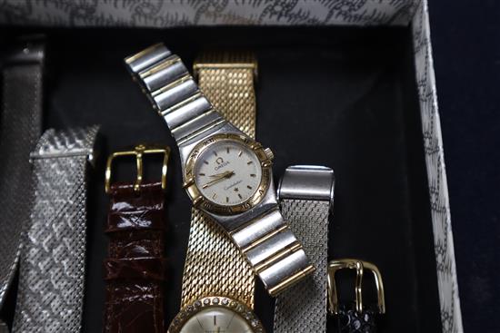 Two ladys steel and gold Omega wristwatches and six other assorted watches